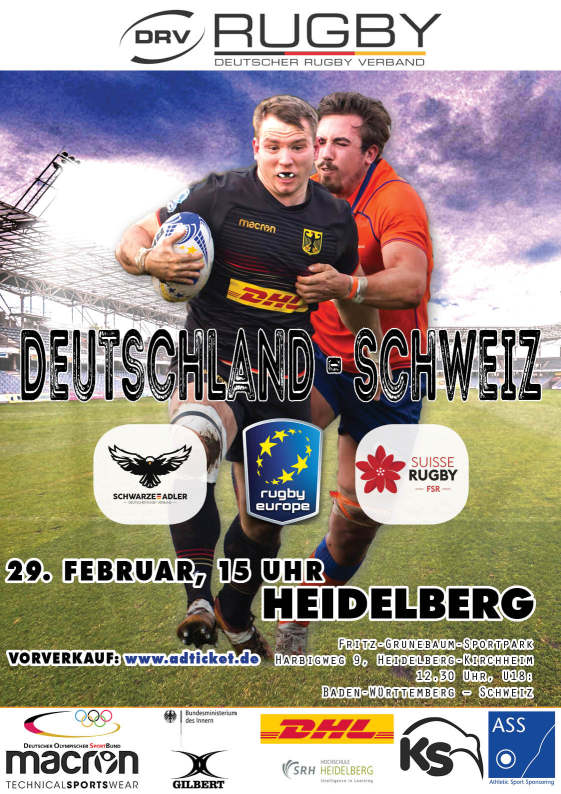 Rugby-EM
Deutschland – Schweiz
29. Februar, 15 Uhr
Fritz-Grunebaum-Sportpark
Harbigweg 9, Heidelberg-Kirchheim
12.30 Uhr, U18: Baden-Württemberg – Schweiz
Vorverkauf: www.ADticket.de